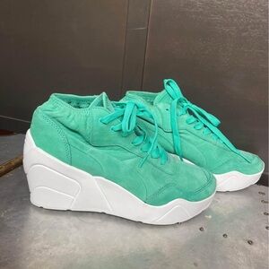Puma Trinomic Wedge Lace-Up sneakers in a green/teal suede